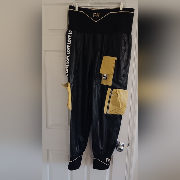 For Her NYC Pants - For Her NYC Love Black and Yellow Faux Baggy High Waist Leather Jeggings